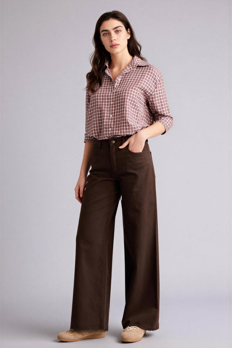 DeFacto Brown Woman Cotton Wide Leg Normal Waist Gabardine Trousers Casual - Image 1